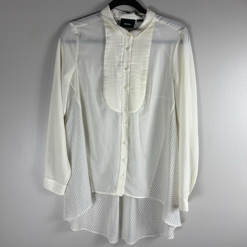 MAEVE Anthro Women's 8 White Tuxedo Long Sleeve Sheer Polka Dot Tunic Blouse‎